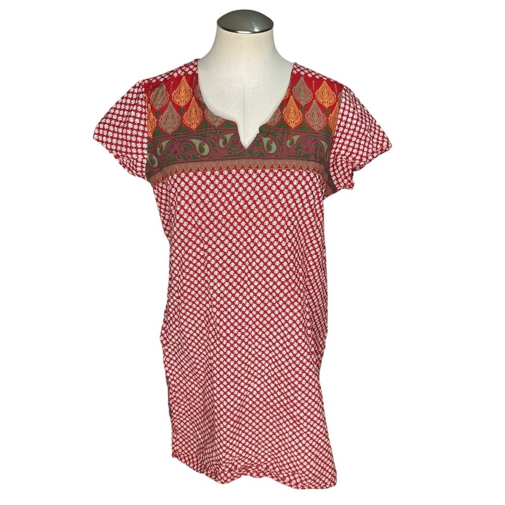 Aurelia Red Block Print Cotton Tunic Dress Boho Short Sleeve Kurti Top